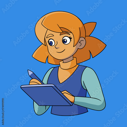 Cartoon girl with orange hair drawing on a tablet