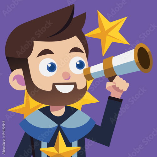 Cartoon man observing stars through telescope illustration