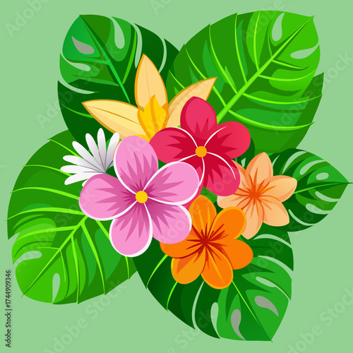 Colorful Tropical Flowers Arrangement on Green Background