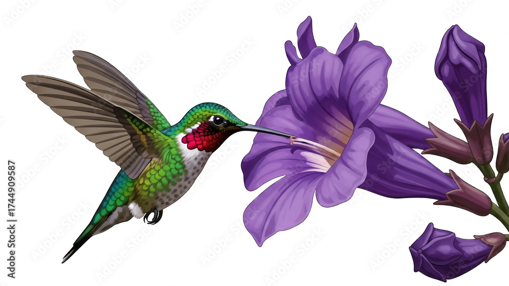 Fototapeta premium hummingbird feeding on a purple flower, wings spread, beak extended.