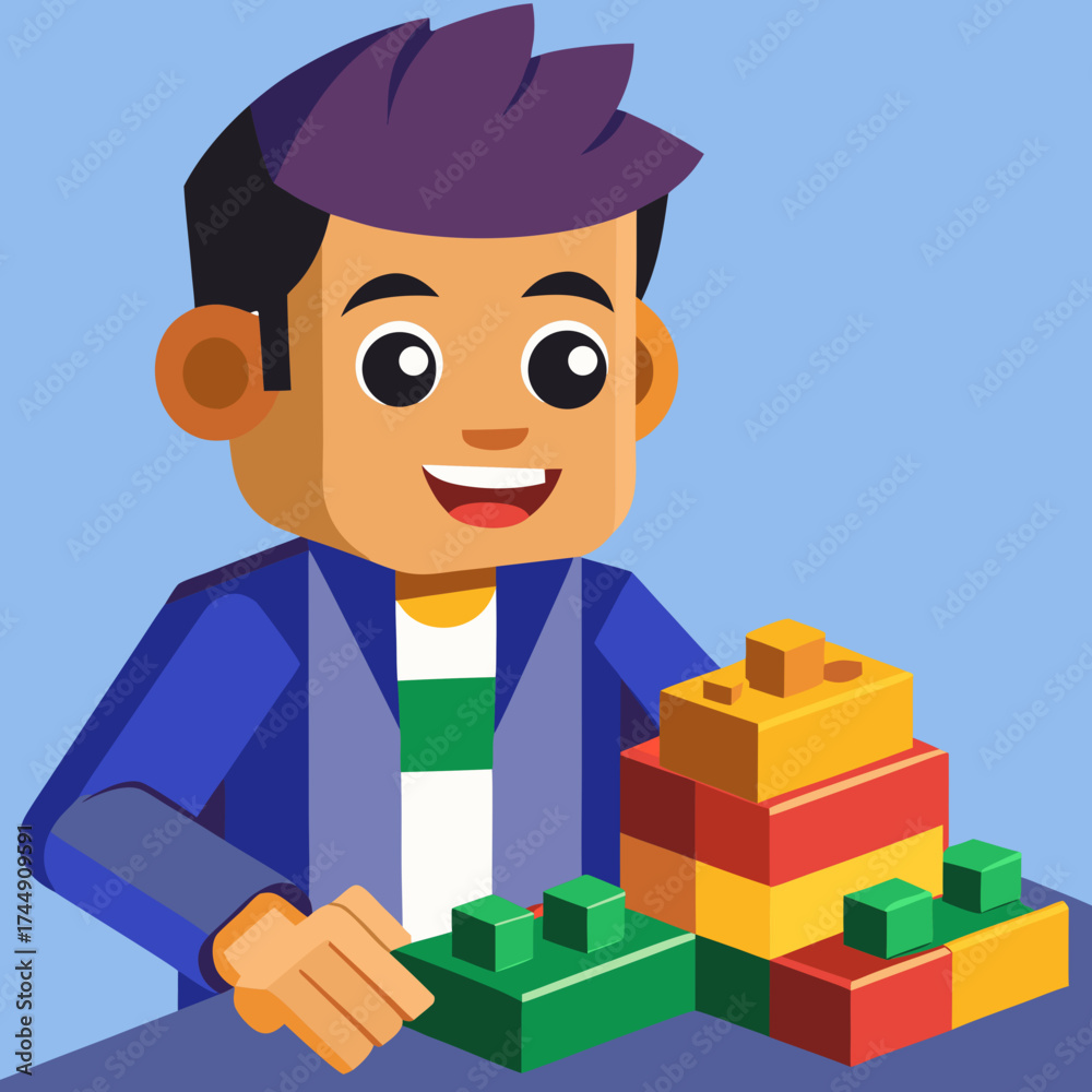 Obraz premium Happy cartoon child playing with colorful building blocks