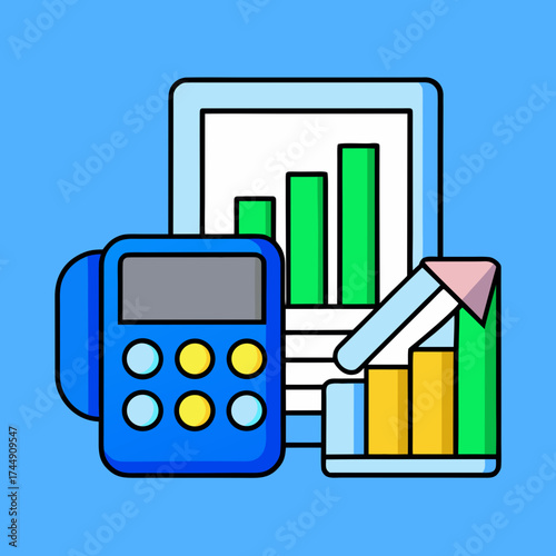 Financial analysis with calculator and business chart illustration