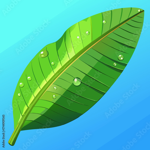 Green banana leaf with water droplets in clear closeup