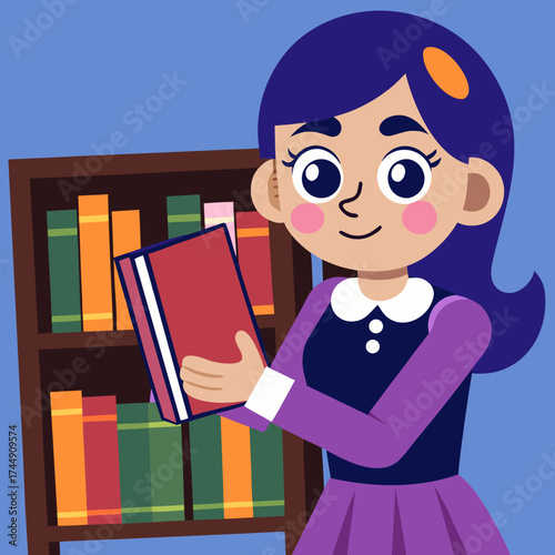Girl holding book near bookcase smiling with positive expression