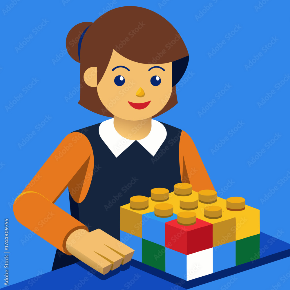 Naklejka premium Woman with building blocks creating a colorful model