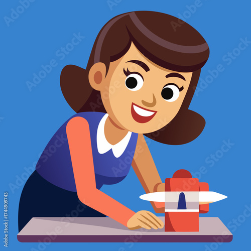 Woman happily wrapping a red present on the table