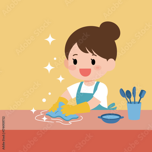 Cartoon Style Little Girl Cleaning Table with Cloth Illustration