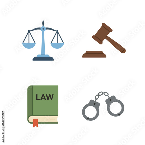 Flat Design Law and Justice Elements Illustration with Scale, Gavel, Book and Handcuff