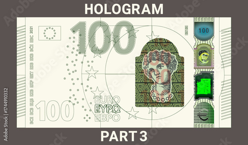 Vector. Iridescent security holograms of Europe note. Graphic drawing of obverse of European Union 100 euro banknote. Hundred. Money. Part 3