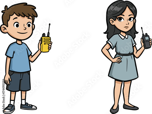 Cartoon boy with walkie talkie, girl using radio communication, children talking device, teamwork, playtime, technology, kids communication, illustration vector