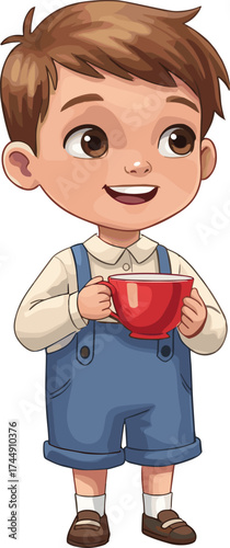 Cartoon child holding red cup, boy in overalls smiling, kids drinking tea, pretend play, friendship, fun, learning, family, vector illustration