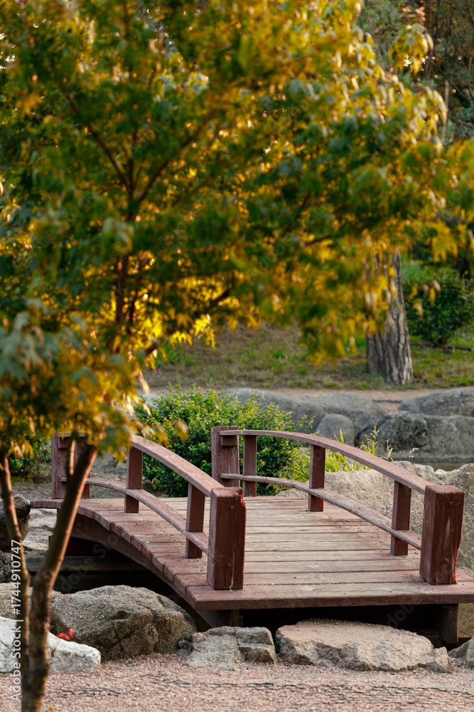 Obraz premium natural vertical landscape decorative environment space spring season of small red wooden bridge across pond with trees and rocks objects
