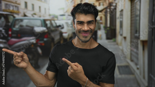 Man smiling and pointing finger on street with parked cars and building facades in view; optimism friendliness.