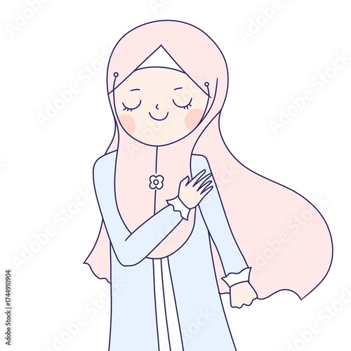 a muslim girl in hijab headscarf is thankful , a muslim girl in hijab headscarf is respectful.