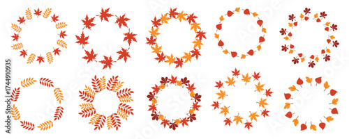 Autumn leaf frames, set of round fall ornaments, simple design.Vector flat illustration.