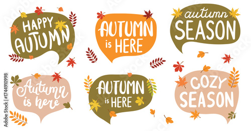 Autumn cozy lettering, hand drawn inscription, text. Hello autumn, cozy autumn, autumn season. Vector hand illustration.