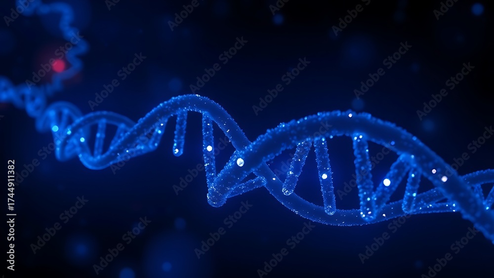 Fototapeta premium Dark DNA strands glowing under artificial light, revealing intricate hidden patterns.