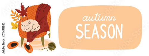 Autumn banner with lettering.Warm fall collection with tea, coffee, blanket and cat and soft armchair. Vector flat cartoon illustration