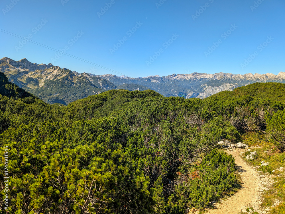Fototapeta premium Hiking trail on the Vogel mountain in summer. Panoramic view of the Julian Alps in the Triglav National Park in Slovenia
