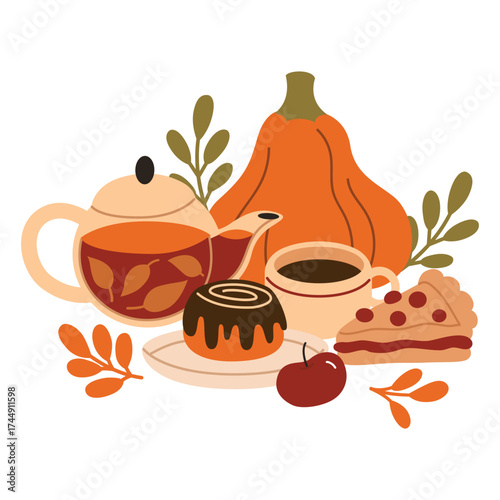 Autumn cozy composition.Warm fall collection with tea, coffee, blanket and cat and soft armchair. Vector flat cartoon illustration