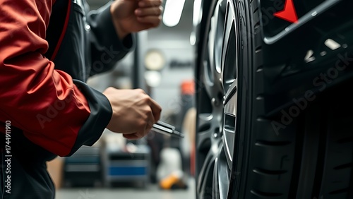 A mechanic working on a car tire in a garage, focused craftsmanship scene.