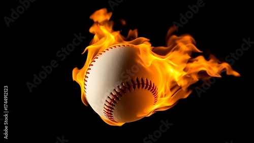 A baseball engulfed in flames against a dark, dramatic background.
