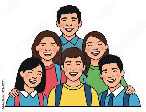 Happy Group of Six Smiling People Together