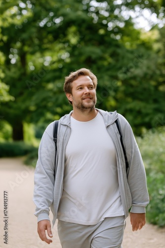 Caucasian adult male in casual wear walking in park smiling