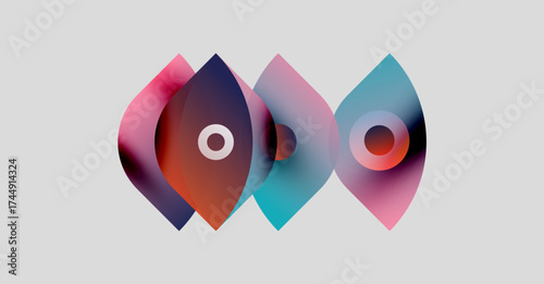 Abstract shapes overlap, creating colorful design. Circles within forms suggest depth, modern aesthetic. Gradient hues blend smoothly.