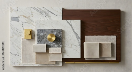 Interior design mood board with marble textures and wood elements