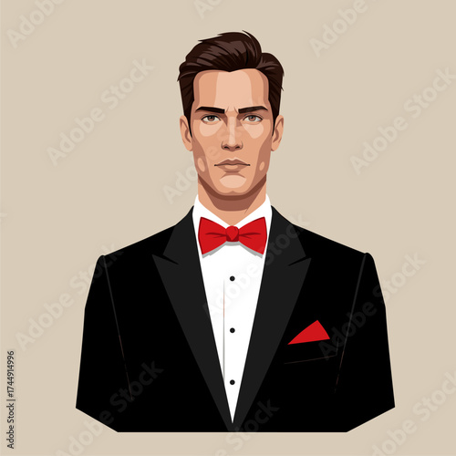 Elegant man in black tuxedo with red bow tie and pocket square. Formal wear gentleman, stylish fashion portrait illustration.