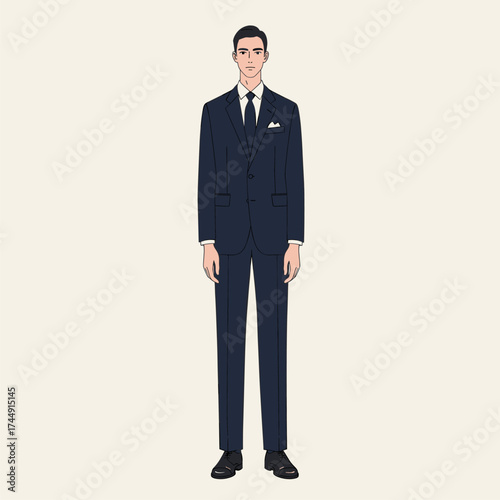 Professional Man in Dark Blue Suit and Tie Standing Illustration. Formal Business Attire Full Body Vector Character.