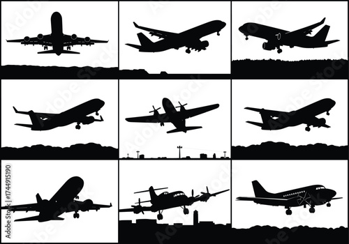 Airplane silhouette illustration, flight stages, takeoff and landing, commercial jet, propeller plane, aviation concept, black figures, horizon background, travel theme