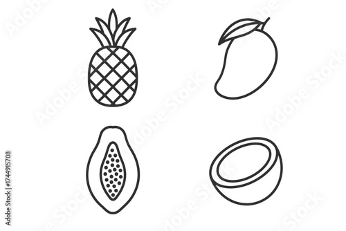 Black and white tropical fruit icons: pineapple, mango, papaya, coconut