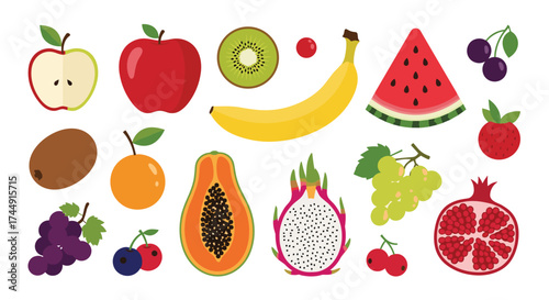 A vibrant collection of fresh and colorful fruits arranged in a playful composition.