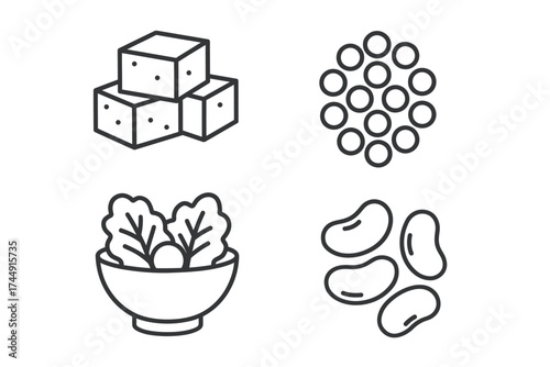 Outline icons of tofu, lentils, salad bowl, and beans