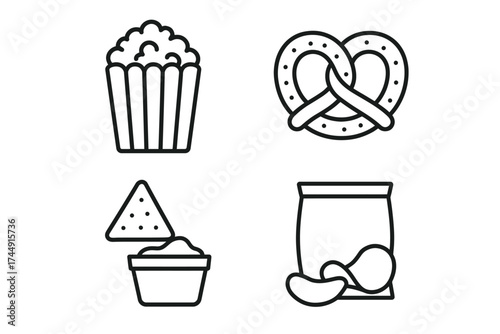 Outline icons of popcorn, pretzel, tortilla chips with dip, and potato chips