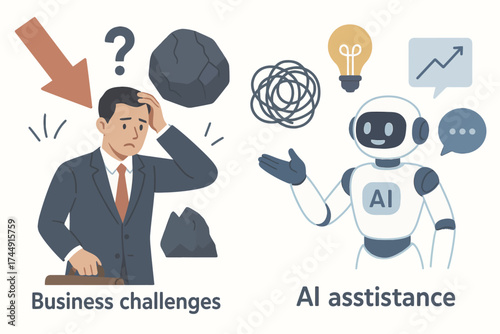 Illustrated businessman facing challenges with ai assistance: problem solving concept
