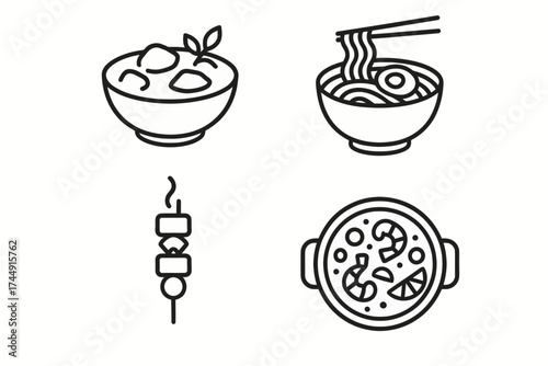 Minimalist line art icons of asian cuisine dishes including rice, ramen, skewers, and hot pot
