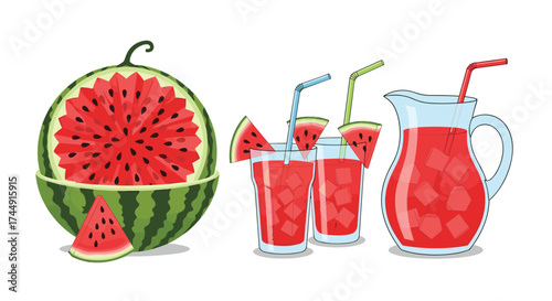 Fresh watermelon juice and refreshing drinks on a white background.