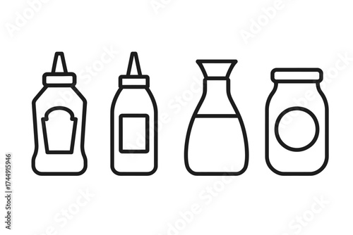 Line art condiment bottles and jars: ketchup, sauce, vinegar, pickles