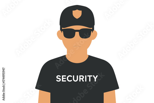 Cartoon security guard illustration: male in hat and sunglasses