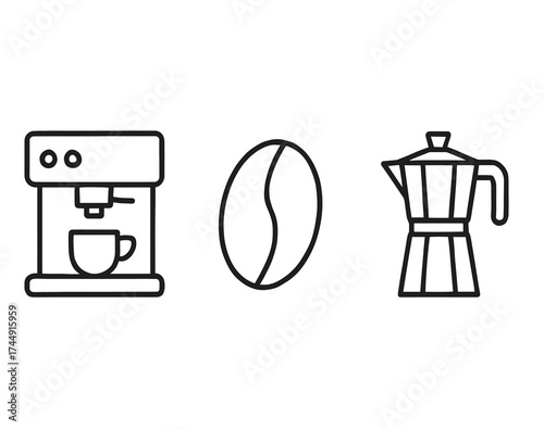Coffee icons with cup, espresso machine, coffee bean, and moka pot in minimalist design