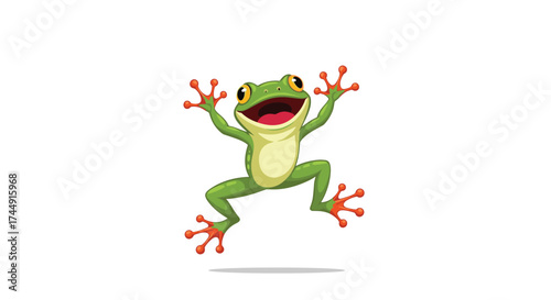 A happy green frog jumping with excitement.