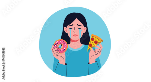 A person crying while holding a donut and a slice of pizza.