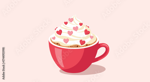 A warm cup of hot chocolate topped with whipped cream and heart sprinkles.