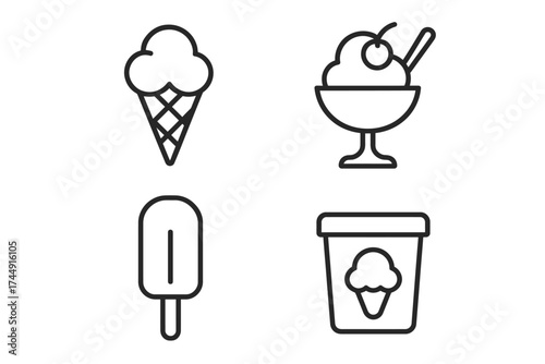 Simple ice cream icons: cone, sundae, popsicle, and tub designs