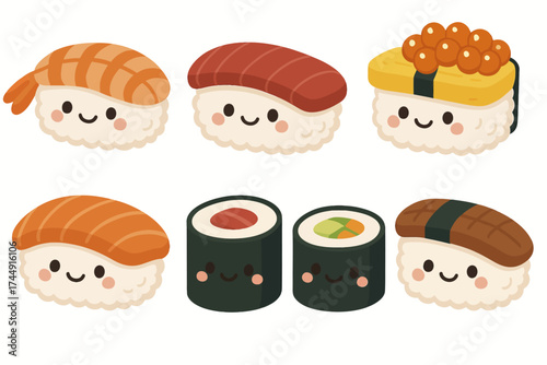 Cute kawaii sushi characters: adorable cartoon nigiri and maki rolls
