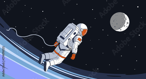 Astronaut floating in outer space near a curved planet with the moon in the background, a cosmic adventure.