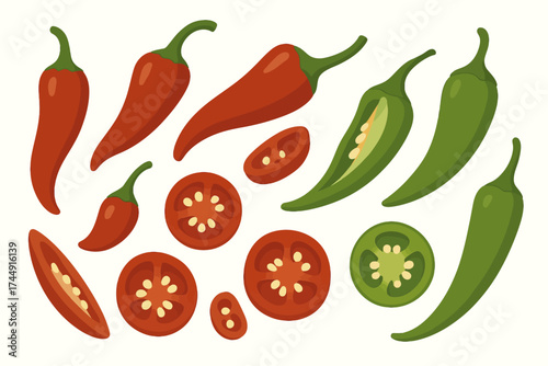 Assorted red and green peppers and sliced tomatoes on white background